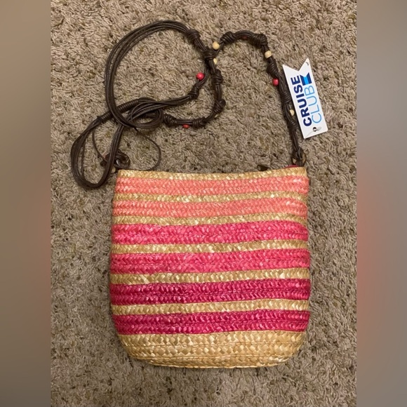 NWT Cruise Club pink/tan striped summer straw crossbody with corded/beaded strap - Picture 1 of 10